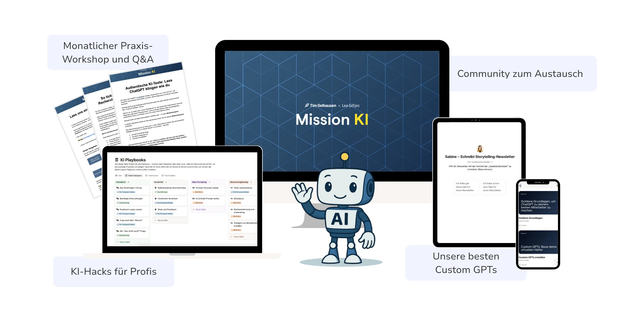 Mockup von Mission KI: Device-Stack mit KI-Playbooks, Praxis-Workshops und Custom-GPT-Inhalten.