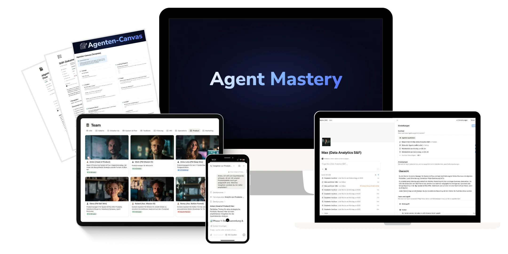 Agent Mastery – Mockup der Kursoberfläche auf Laptop und Tablet