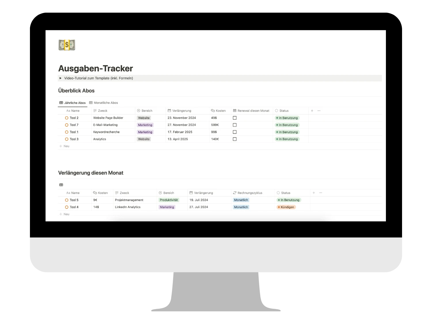 Ausgabentracker für Soloselbstständige – Mockup der Notion-Datenbank