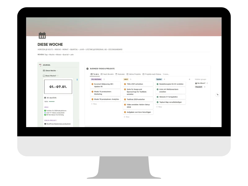 Notion-Bildschirm: Wochenübersicht